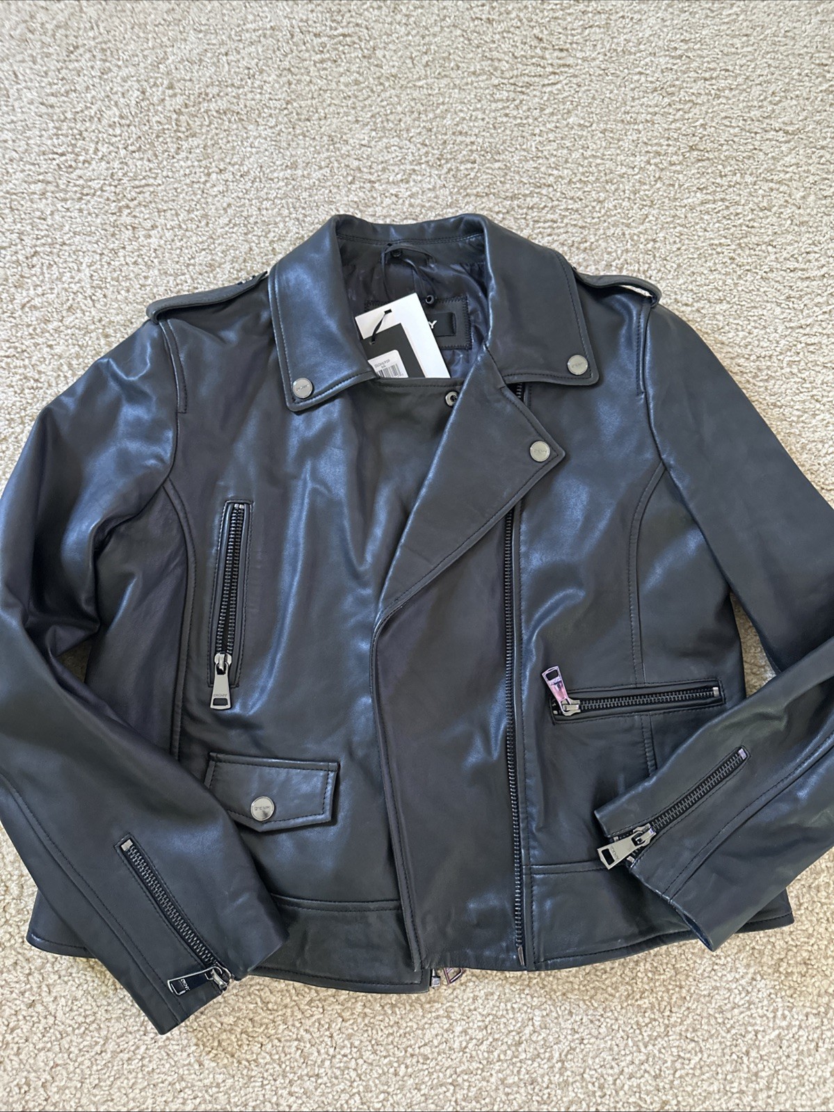 NWT DKNY Leather Moto Jacket W/Zippers. Size XL Comes In Original Plastic