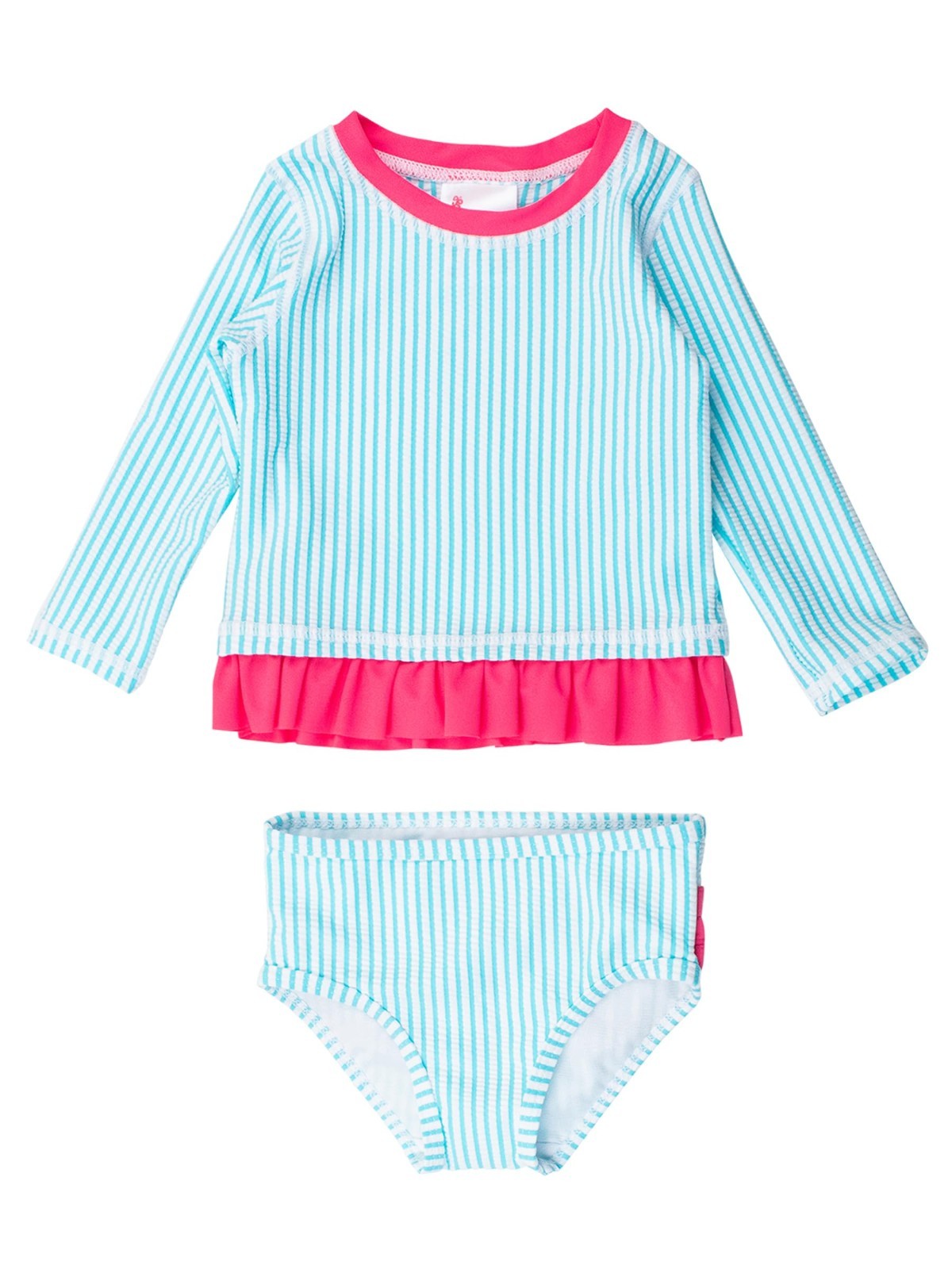 Ruffle Butts Girl Seersucker L/S Rash Guard Bikini Bright Aqua/Pink 5T 38-45 lb