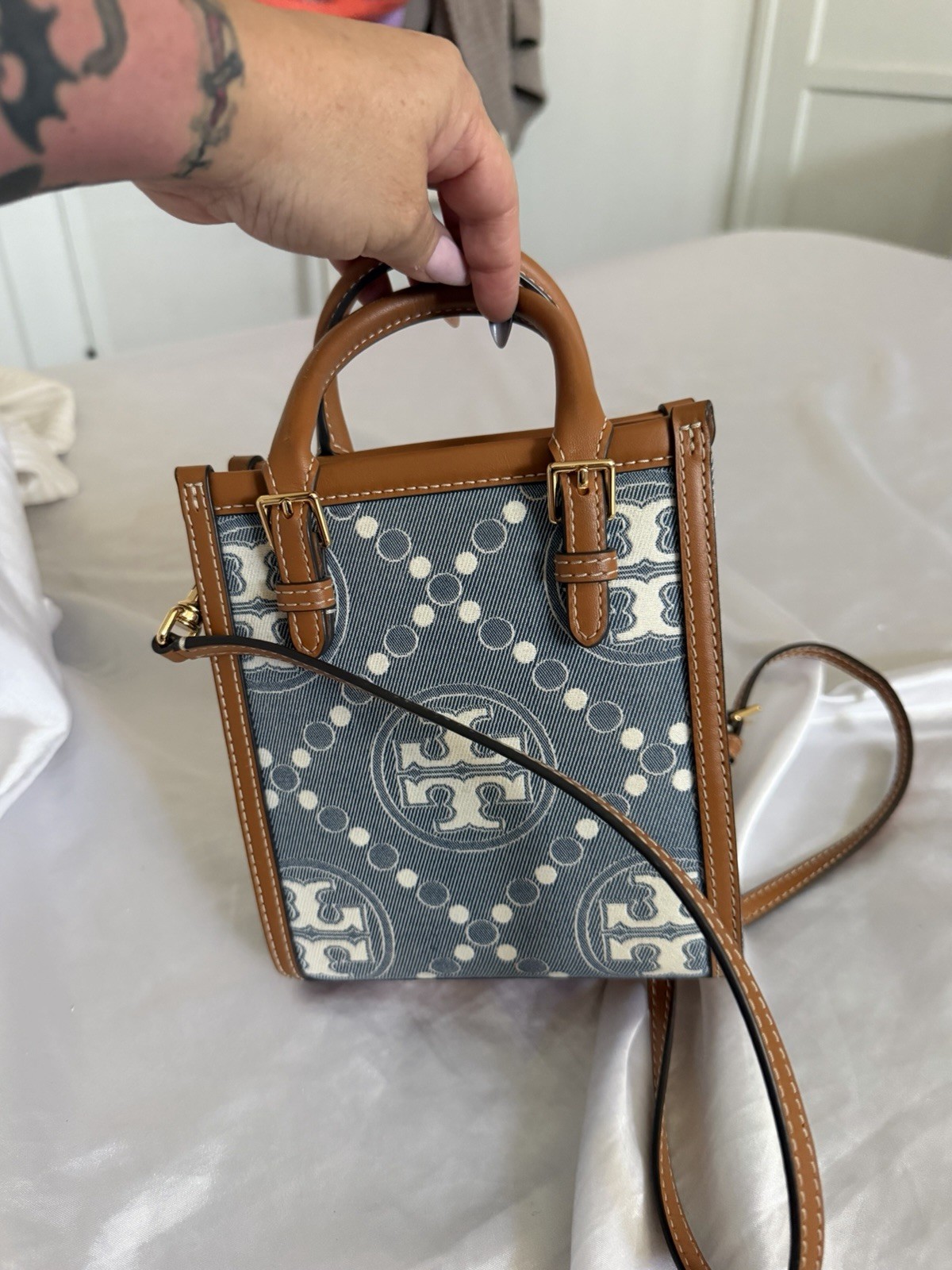 Tory Burch T Monogram Mini Tote Blue/Brown With Matching Wallet