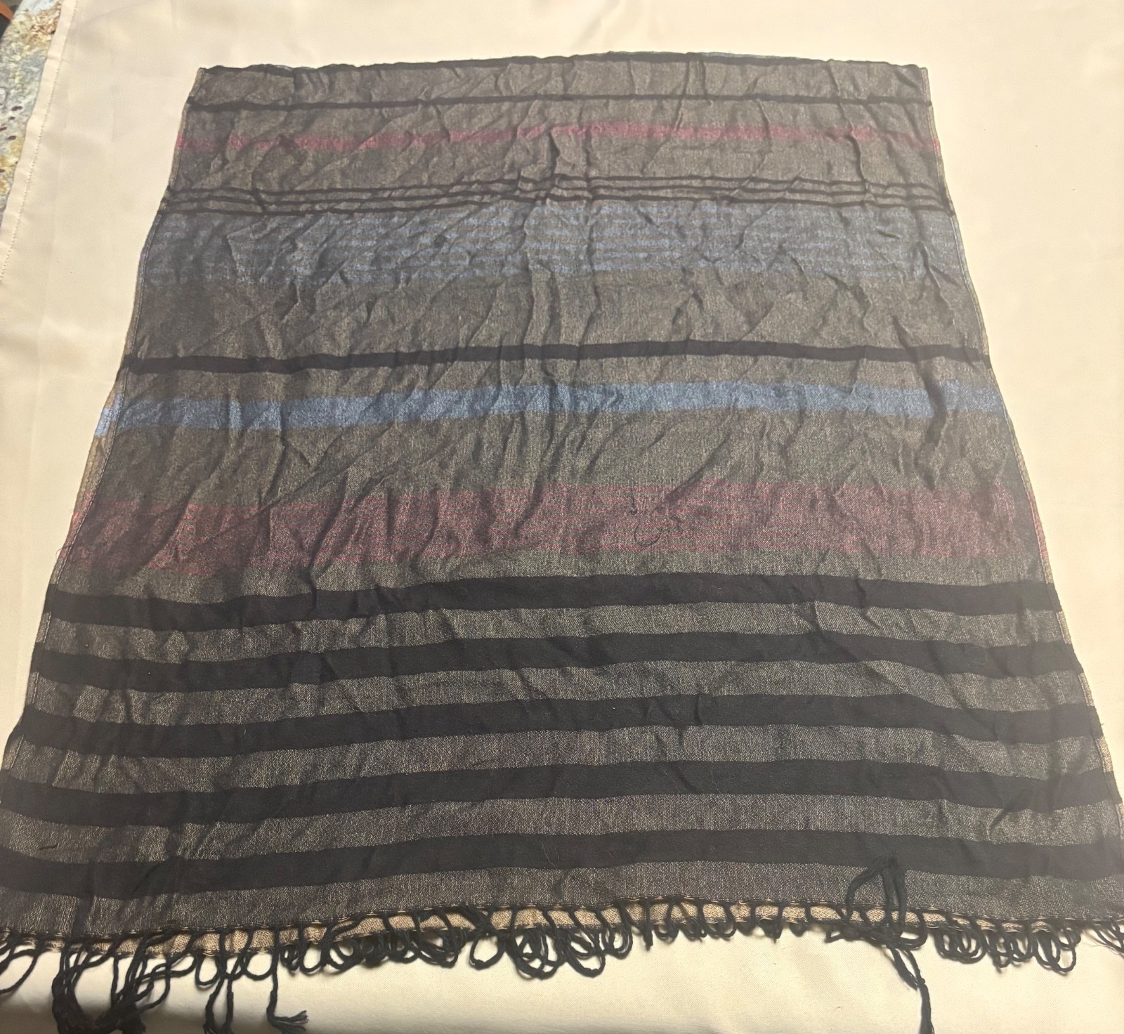 Women’s 100% Pashmina Shawl Wrap Scarf Brown Blue Pink Striped Tassel Sz 72×26”