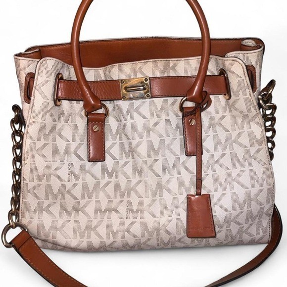 Michael Kors Hamilton Large Satchel Tote Purse Vanilla Leather Bag Gold Hardware