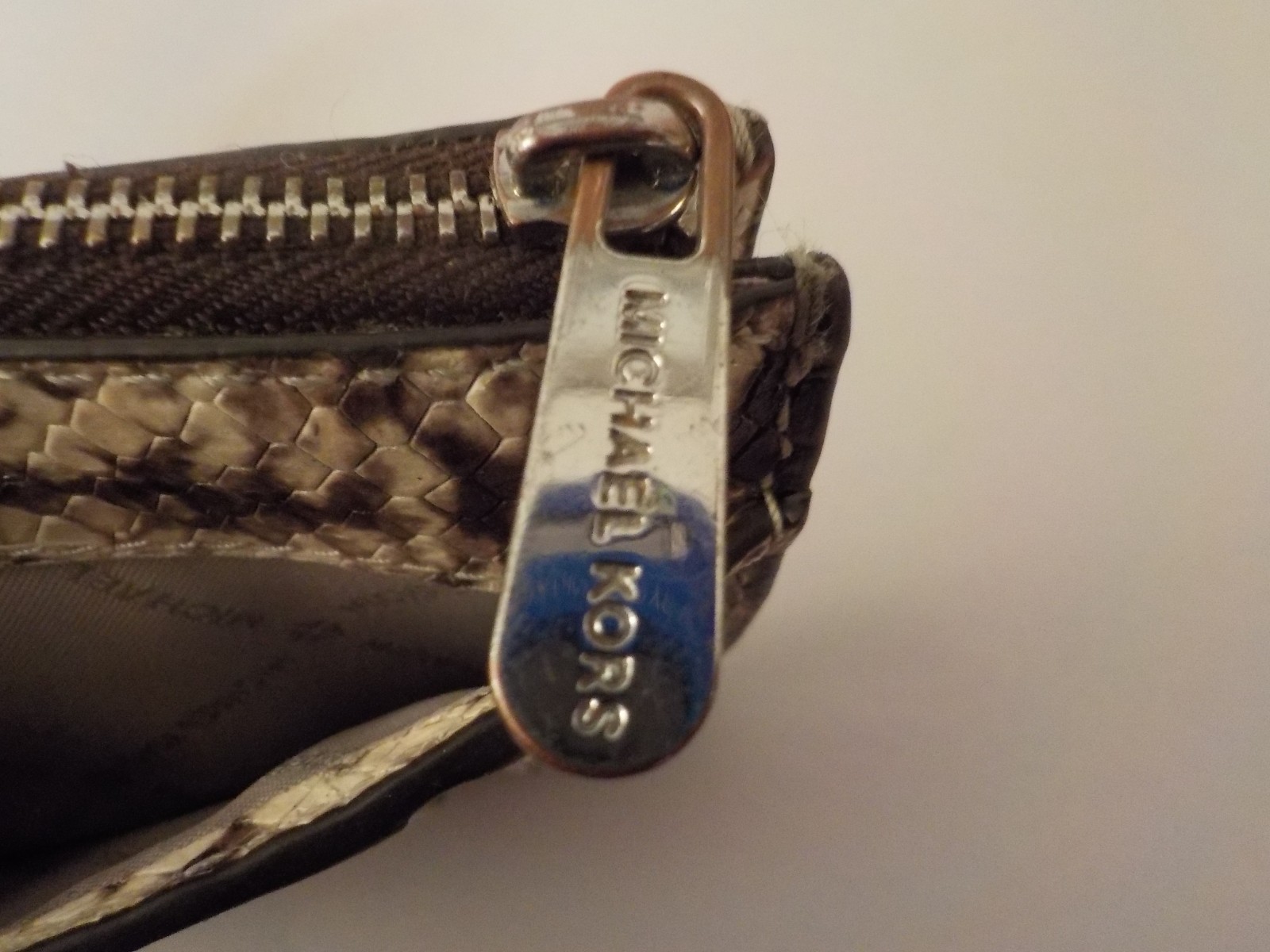 MICHAEL KORS Snakeskin Coin Purse Keychain, Silver Hardware MK Logo, 5 X 3.5 in