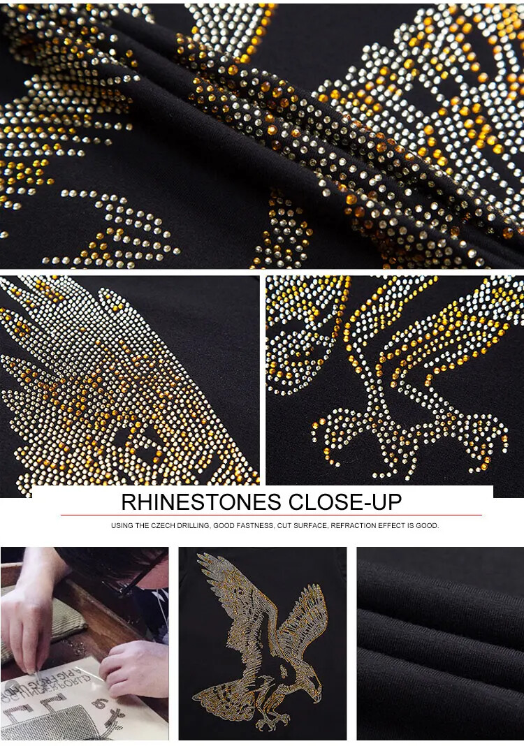 Fashion Trend Eagle Rhinestones Streetwear Long Sleeve Luxury Men V-Neck T-Shirt