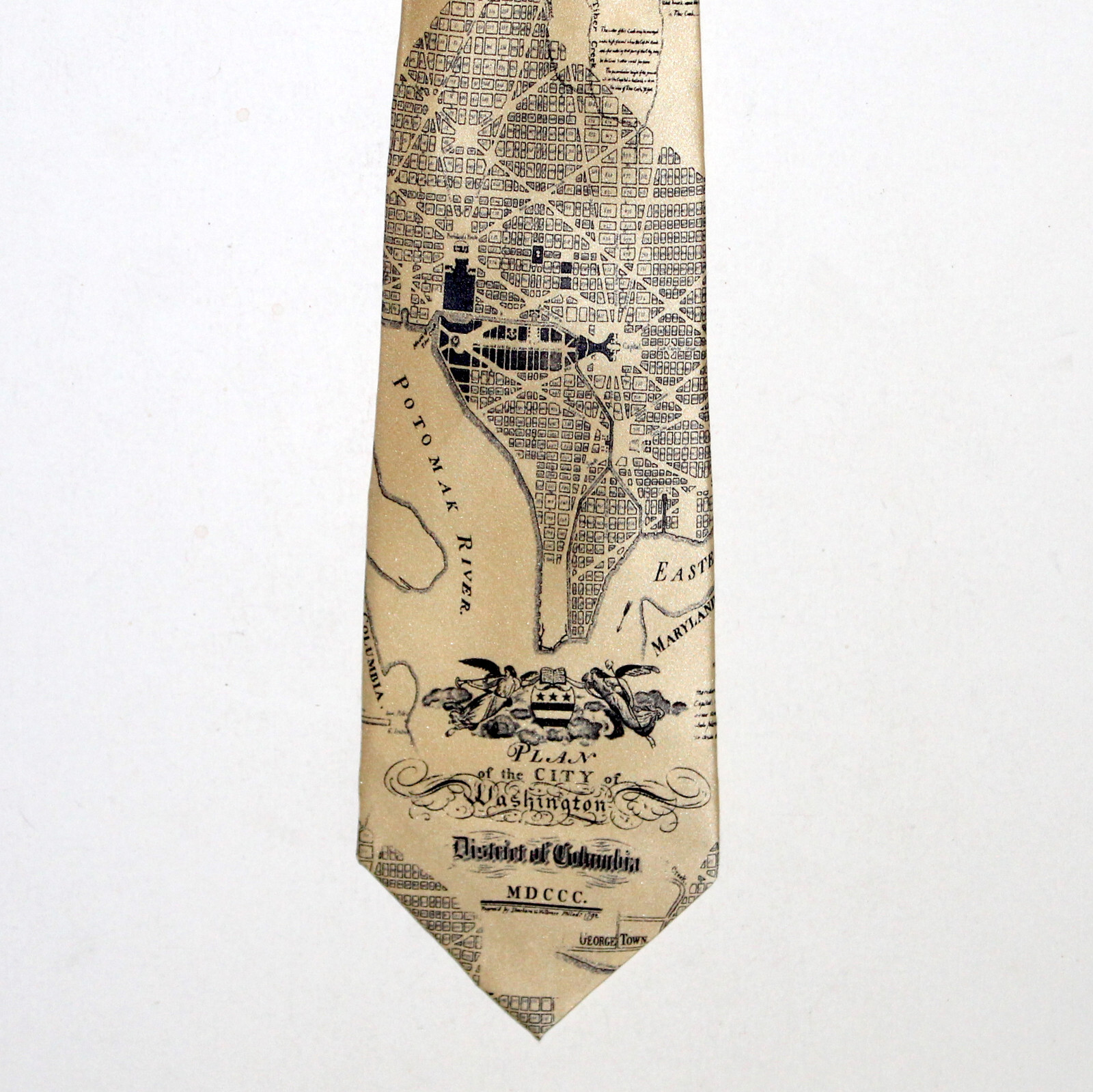 Museum Artifacts Necktie Washington DC Plan 1800 cream silk map vintage