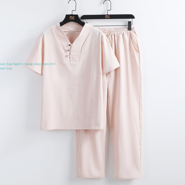 New Men Linen Set 2pcs Button Shirts Drawstring Pants Sets Summer Beach Outfits