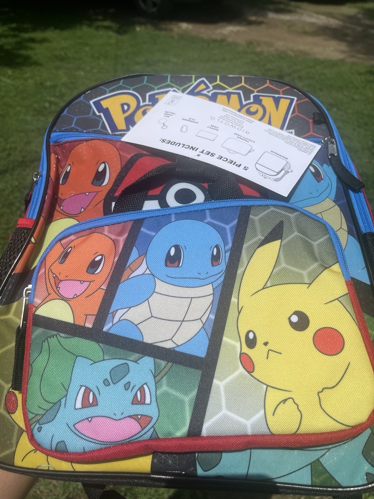 5 Piece Pokémon Small Polyester Kids Backpack Zip, Pikachu Charmander Squirtle
