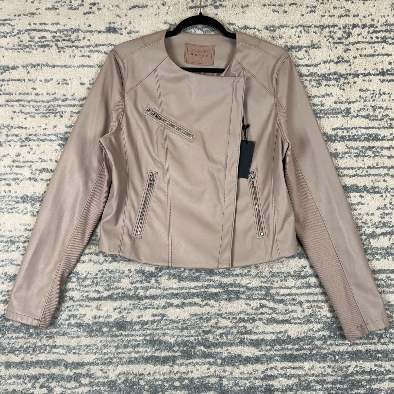 Blank NYC Womens Mushroom Taupe Faux Leather Moto Jacket Collarless 13U-5146NO L