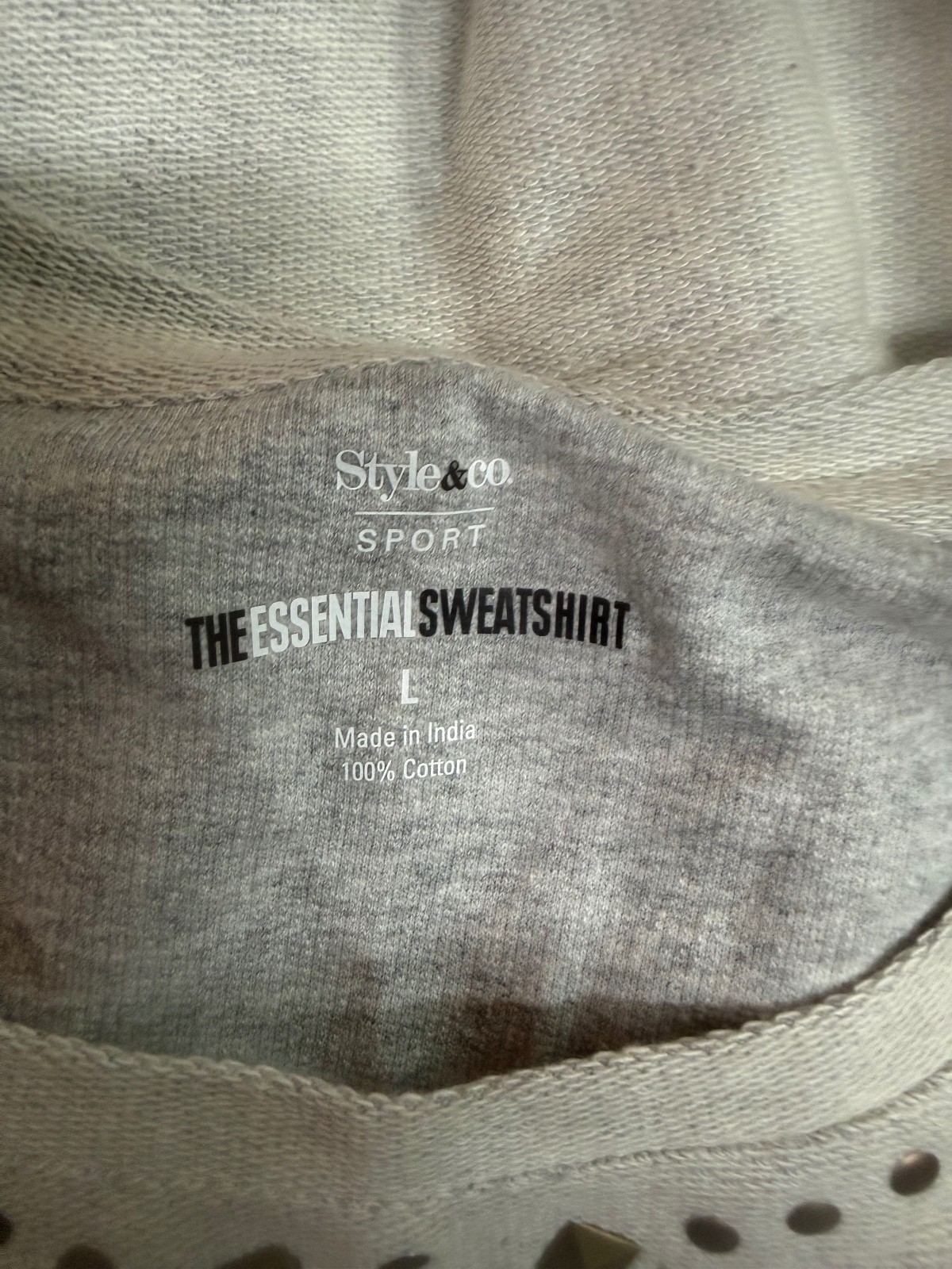 Style & Co Sport The Essential Sweatshirt, Size L, Light Gray Cotton