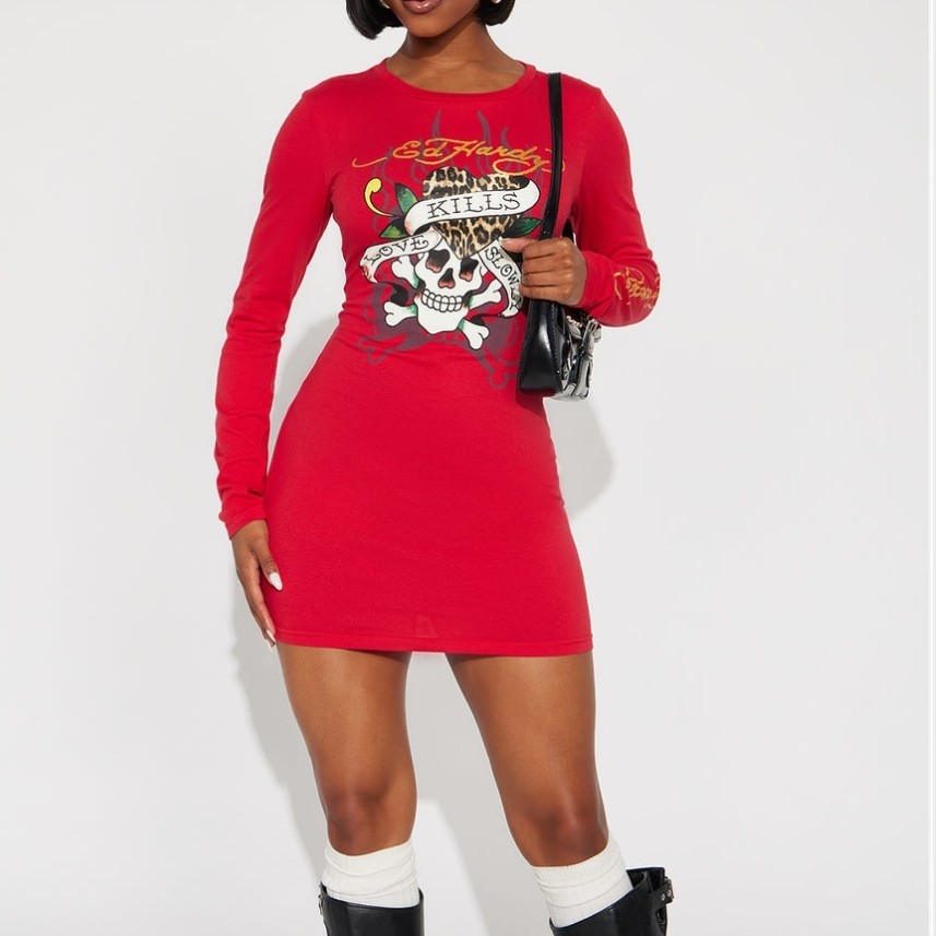Ed Hardy Red Long Sleeve Skull Graphic Mini T-Shirt Dress Women L