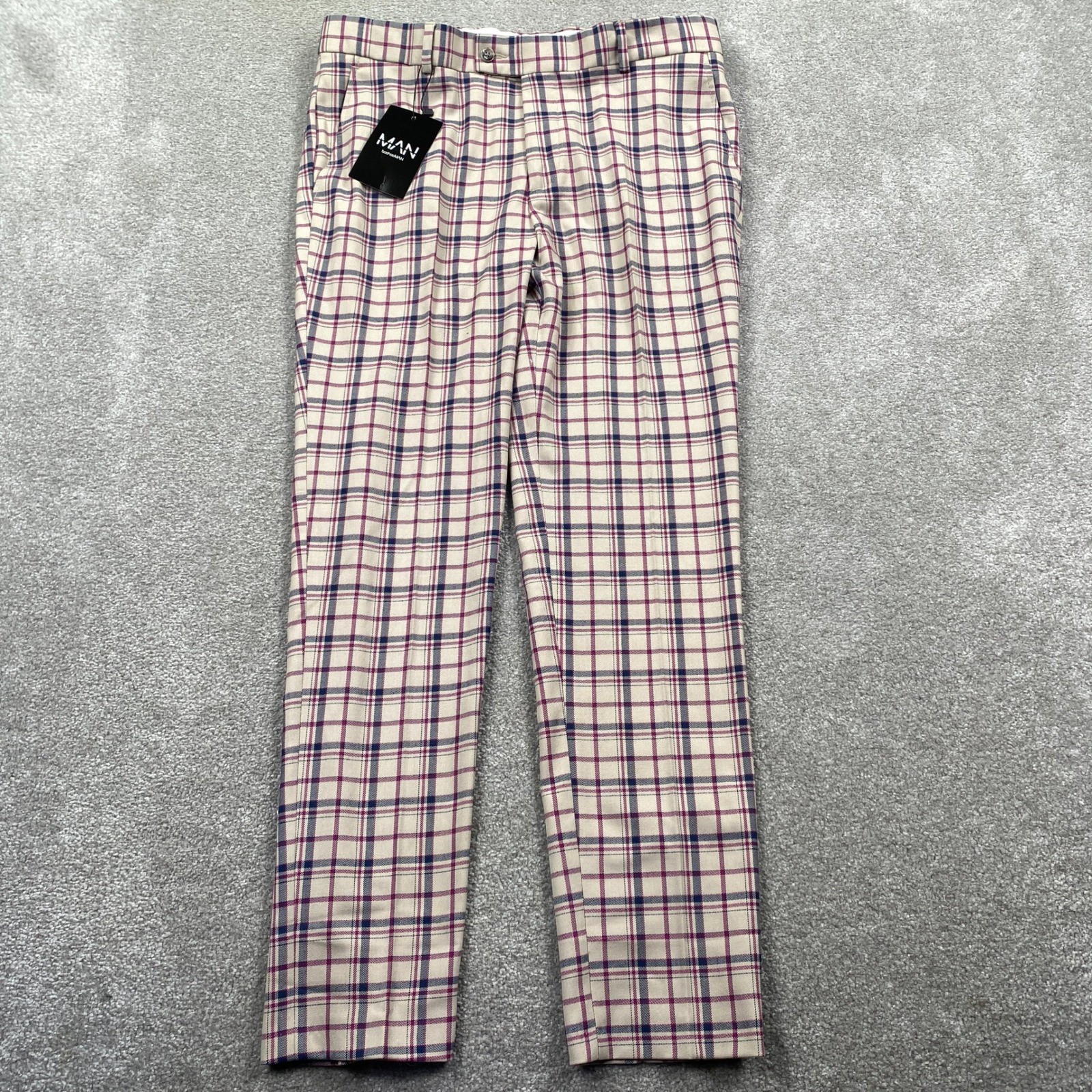 boohooMAN Mens Super Skinny Beige Check Trousers Plaid Dress Pants 32R MZZ10861