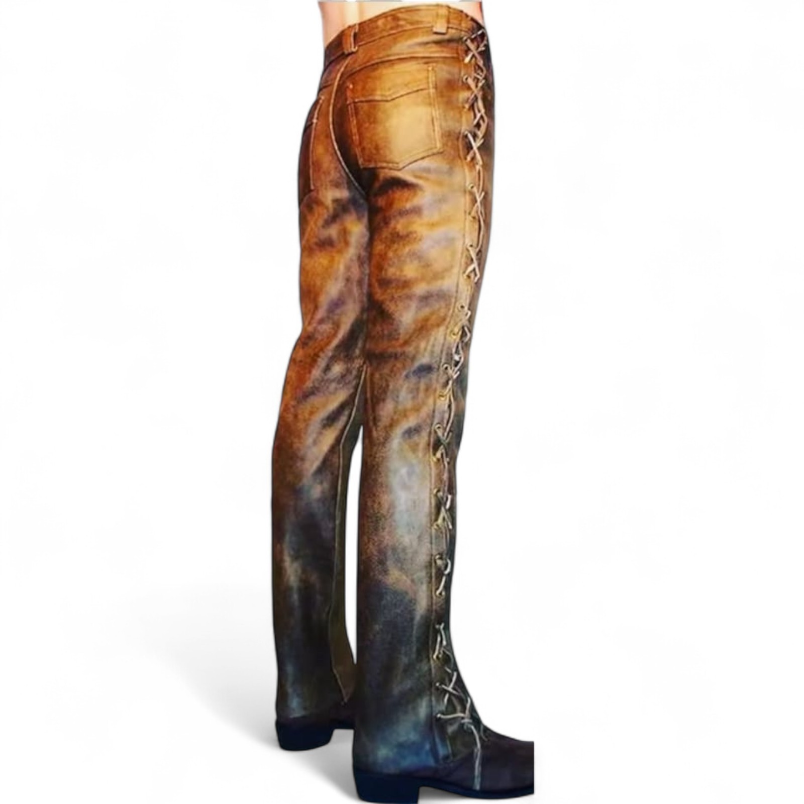 Men’s Cowboy Pant Western Distressed Vintage Native American Side Laces Up Pants