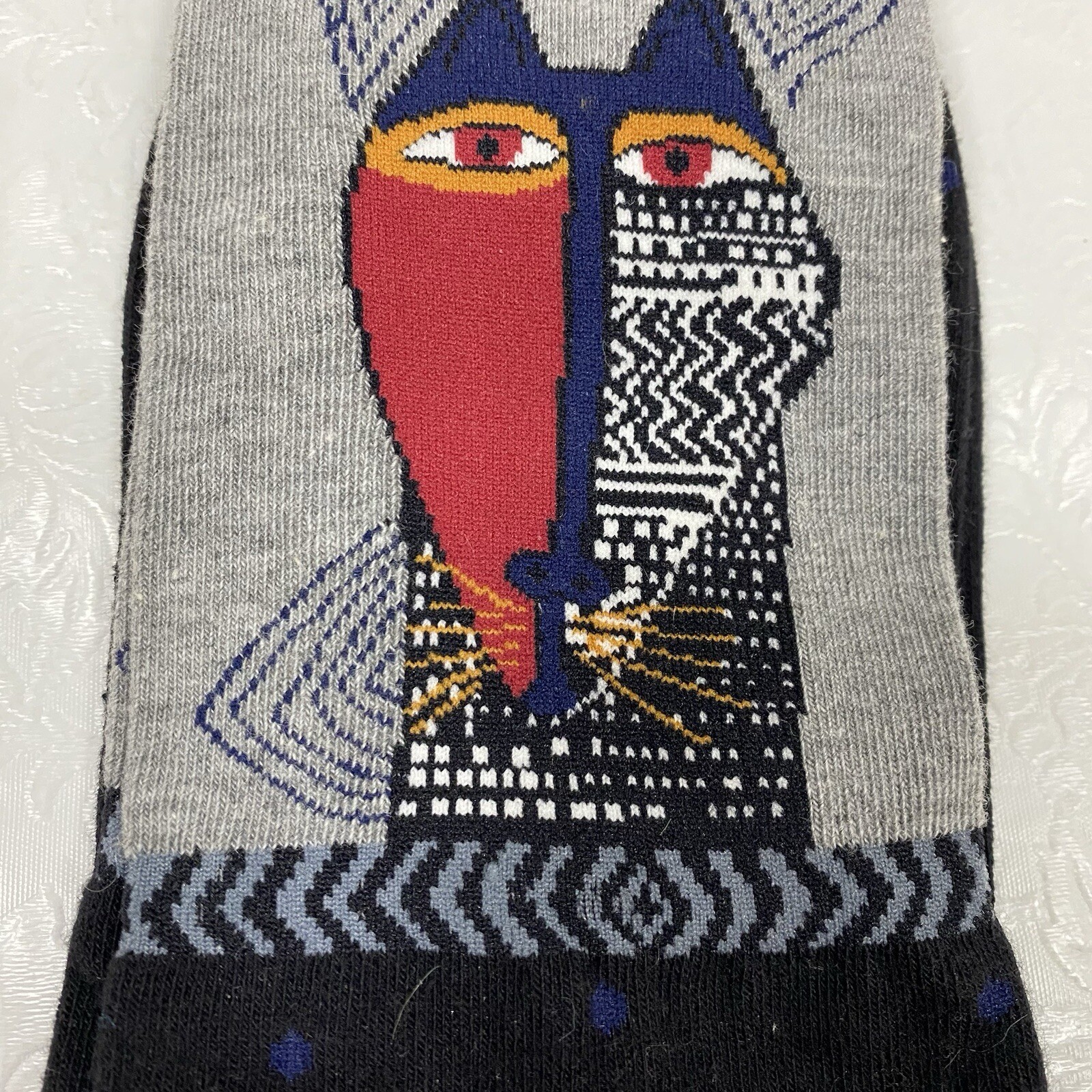 Laurel Burch Mens sz 10-13 Crew Socks Native Tribal Cat Black Gray Novelty NEW
