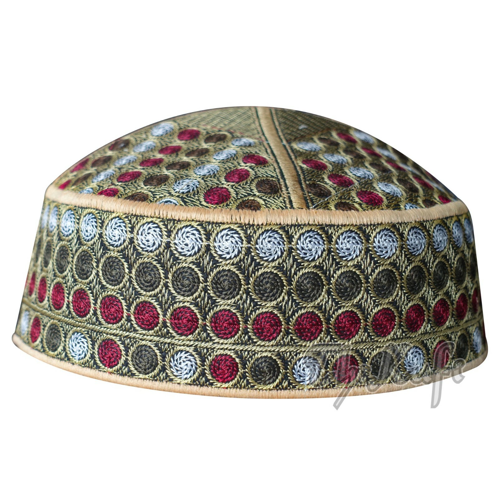 Khaki Green Maroon Embroidered Circle Design Semi-rigid Pakistani Style Kufi