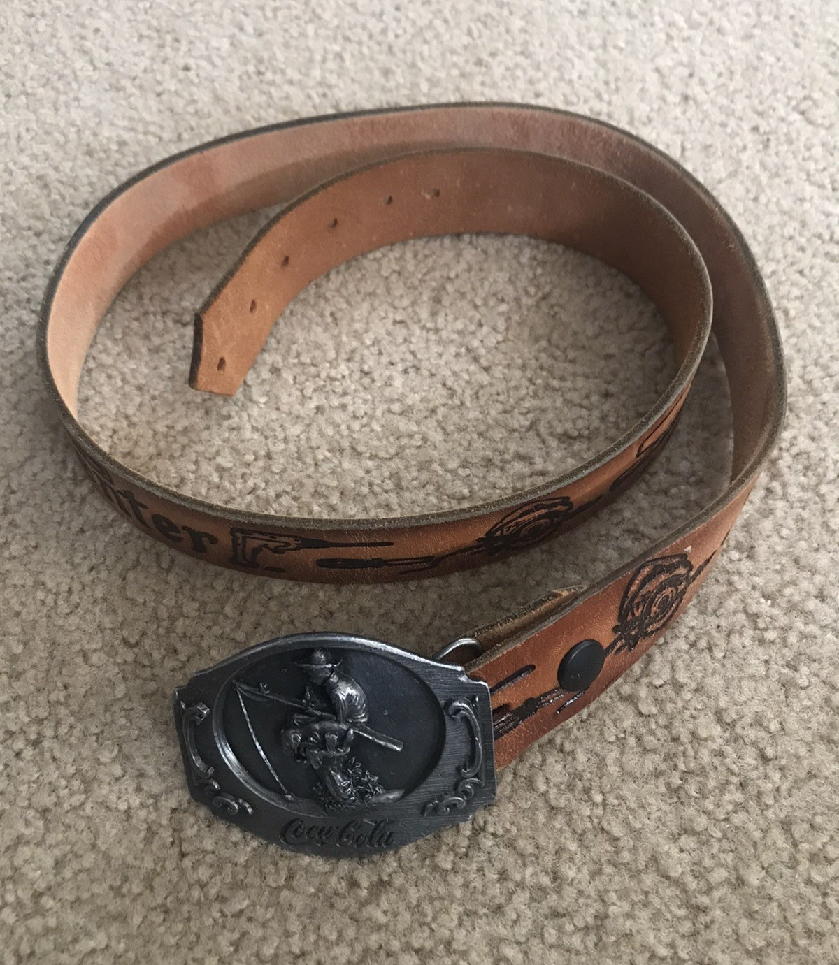 COCA COLA Vintage Belt Buckle With 43″ Carpenter Leather Belt Made In USA GREAT
