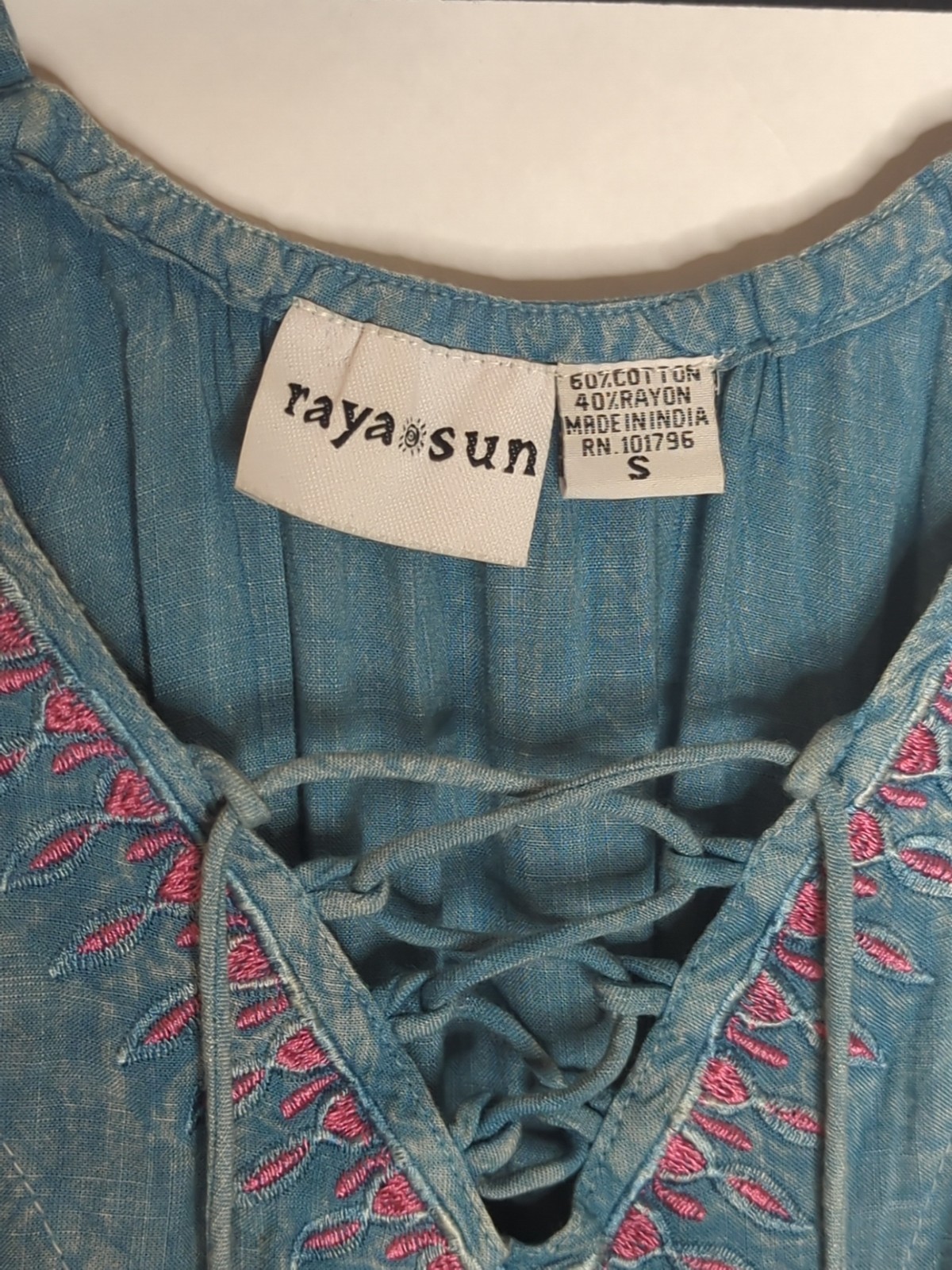 Raya Sun Dress Sz Small Boho Embroidered Shift Blue Festival Coastal Tassels Fun