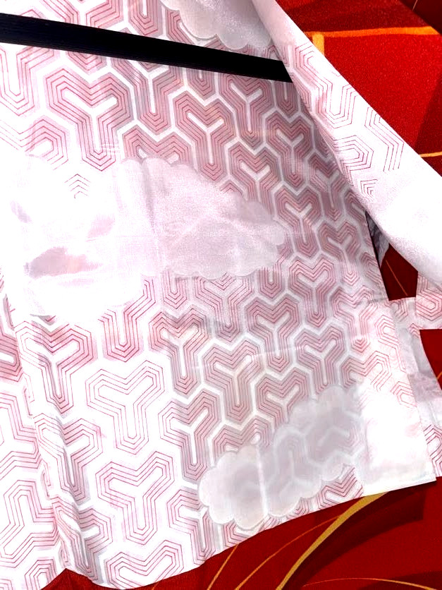 VINTAGE Unused Haori Kimono Jacket Geometric Scarlet M Yuki 26in Unlined Japan
