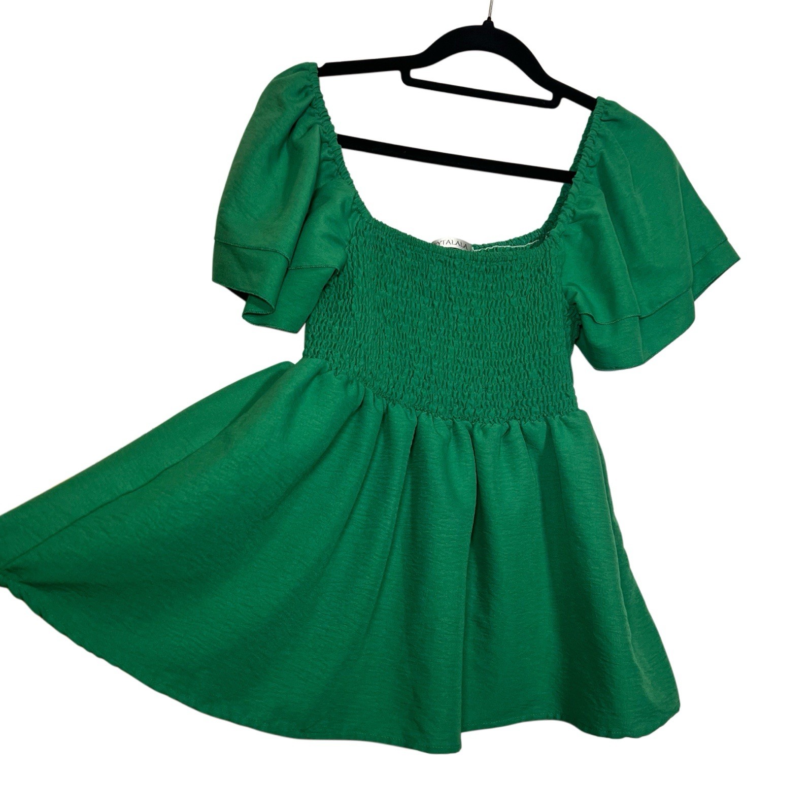 HEYTALALA Green Smocked, On/Off Shoulder, Flutter Sleeve Peplum Blouse