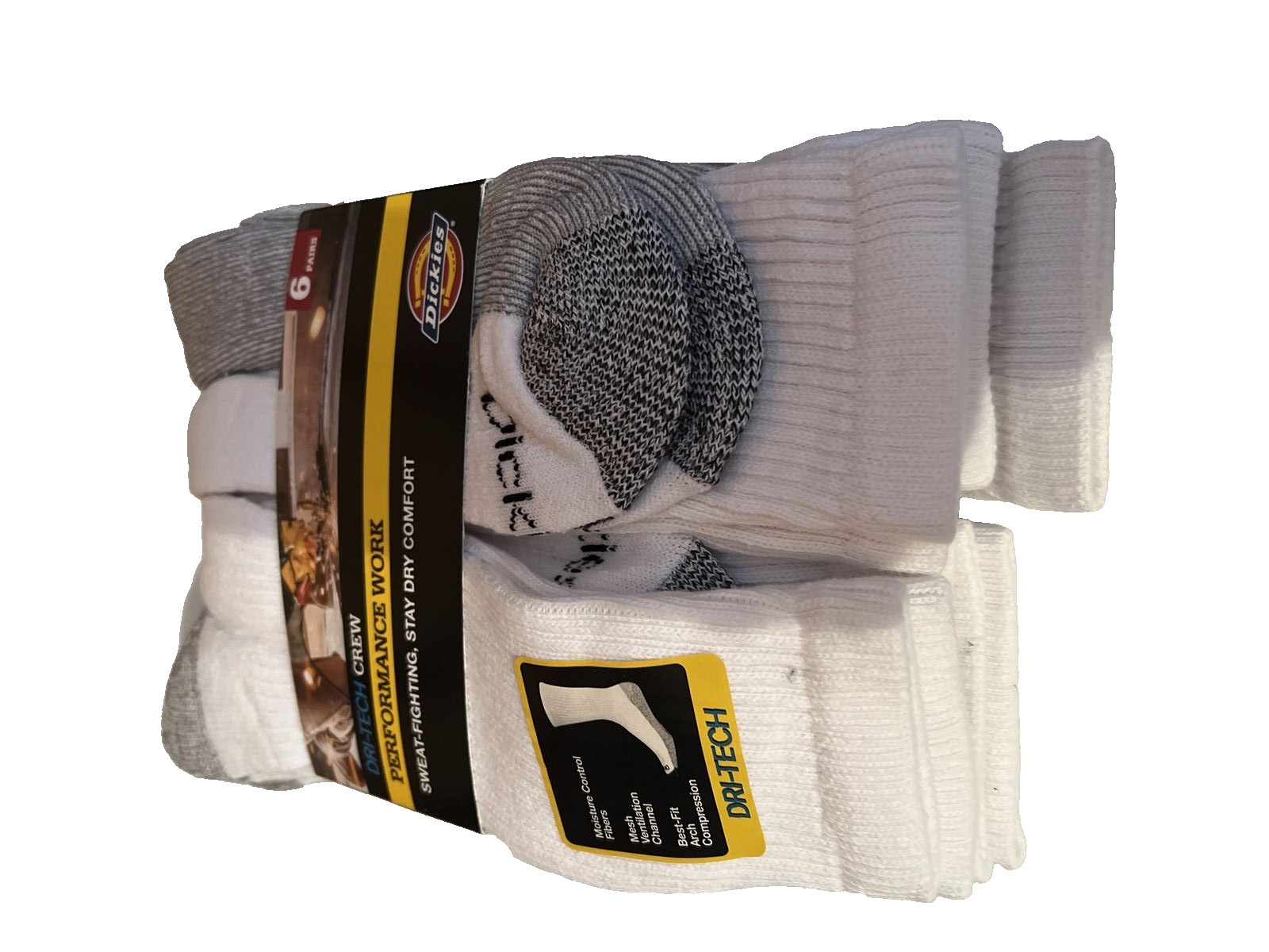 Dickies Dri-Tech Crew Flex Men’s Socks – Color White 6-12 (6pairs) Very Comfy