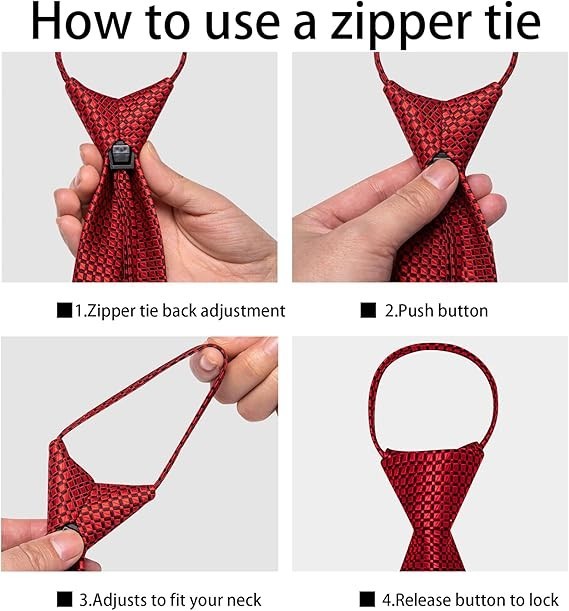 Zipper Ties for Men Solid Pre-Tied Tie with Tie Clip Extra Long Adjustable Neckt