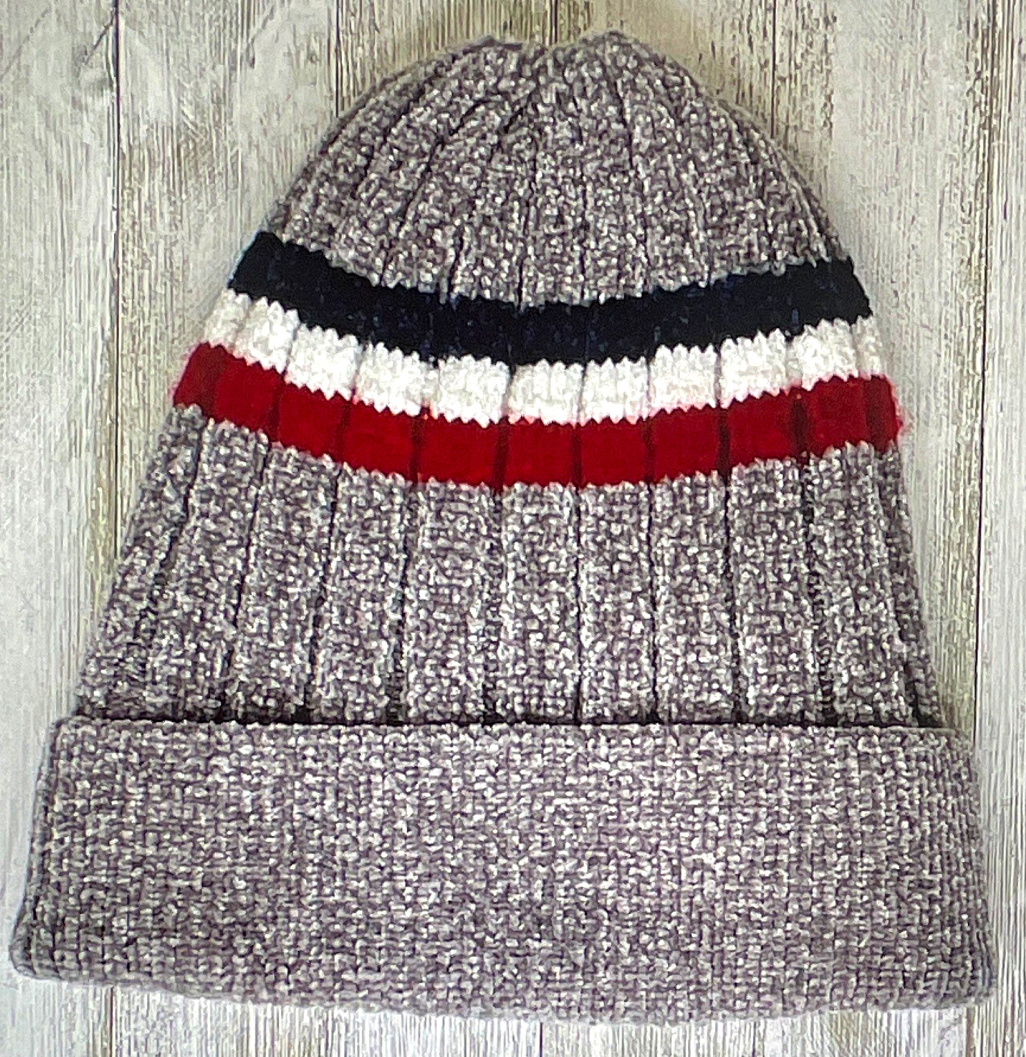 Gray Ribbed Knit Beanie Hat Fold Cuff Black White Red Striped One Size
