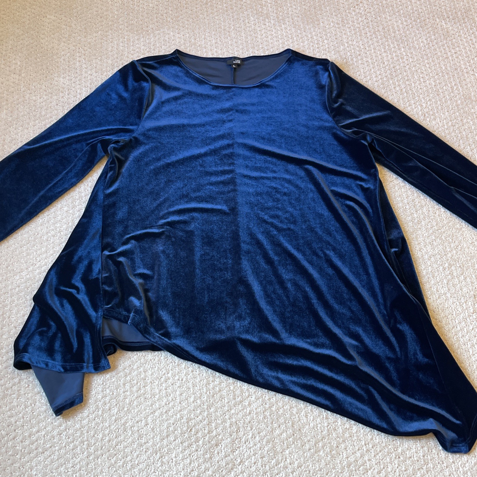 Lisa Bayne Velvet Top Womens Large Navy Blue Asymmetric Stretch Artsy Lagenlook