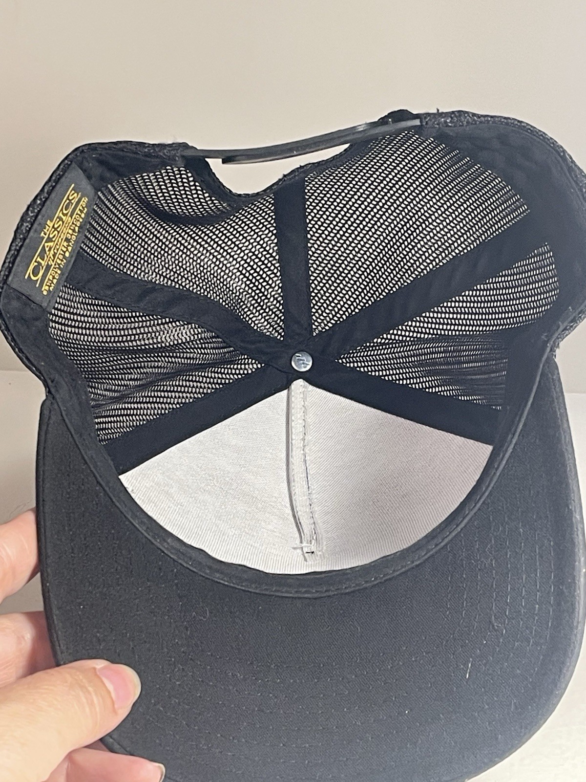 The Classics Men’s Trucker Hat Fish Patch Logo Black Orange Mesh Back Adj L