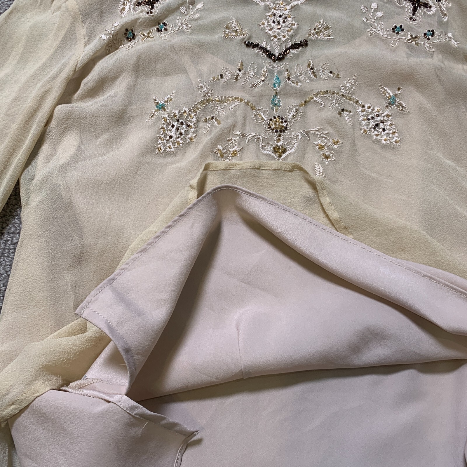Silkland Layer Top Womens L Silk Semi Sheer Boho Coastal Cowgirl Embroider Bead