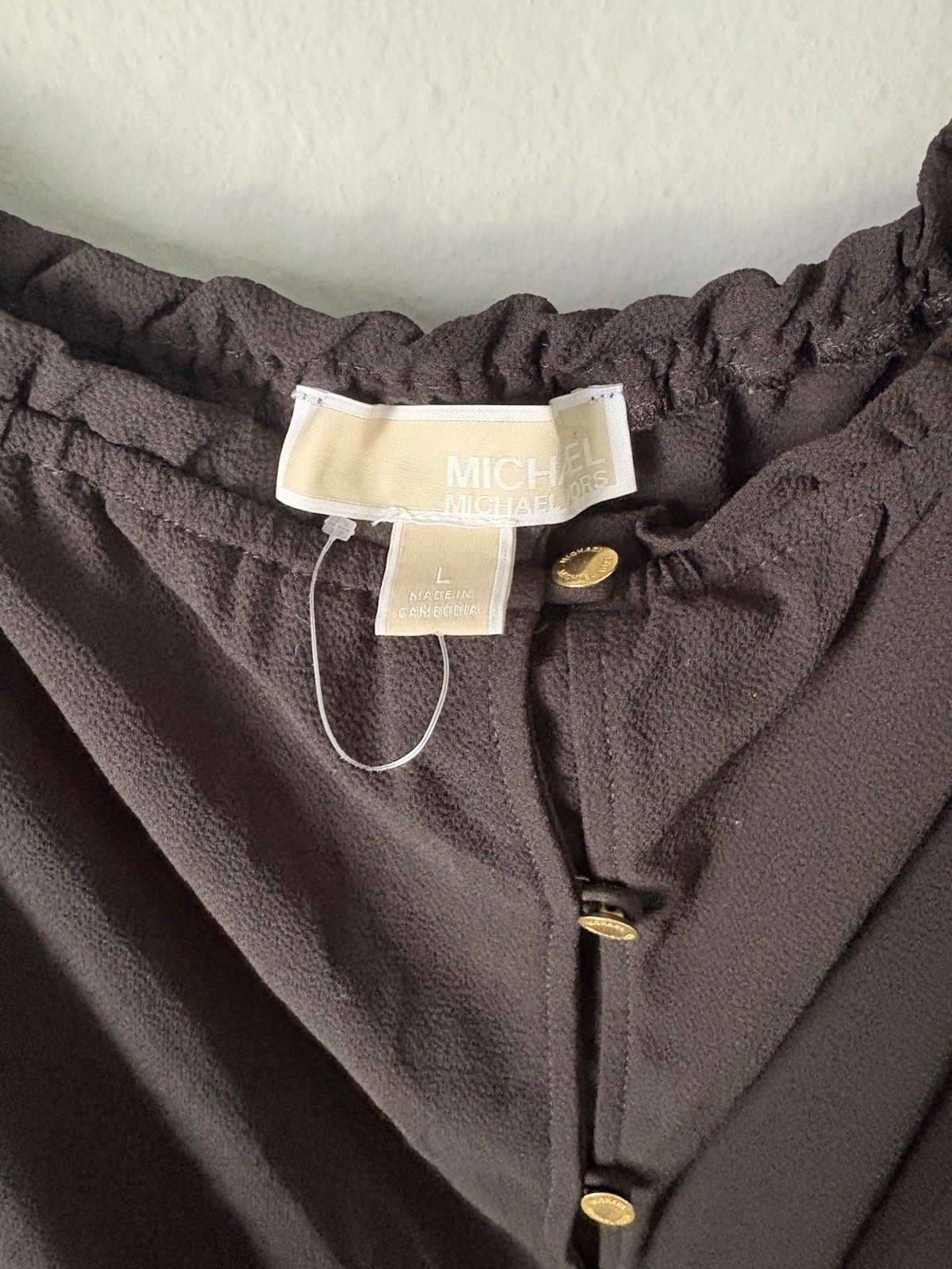 Michael Kors Black Puff Sleeve Smocked Hem Blouse Size Large NWOT