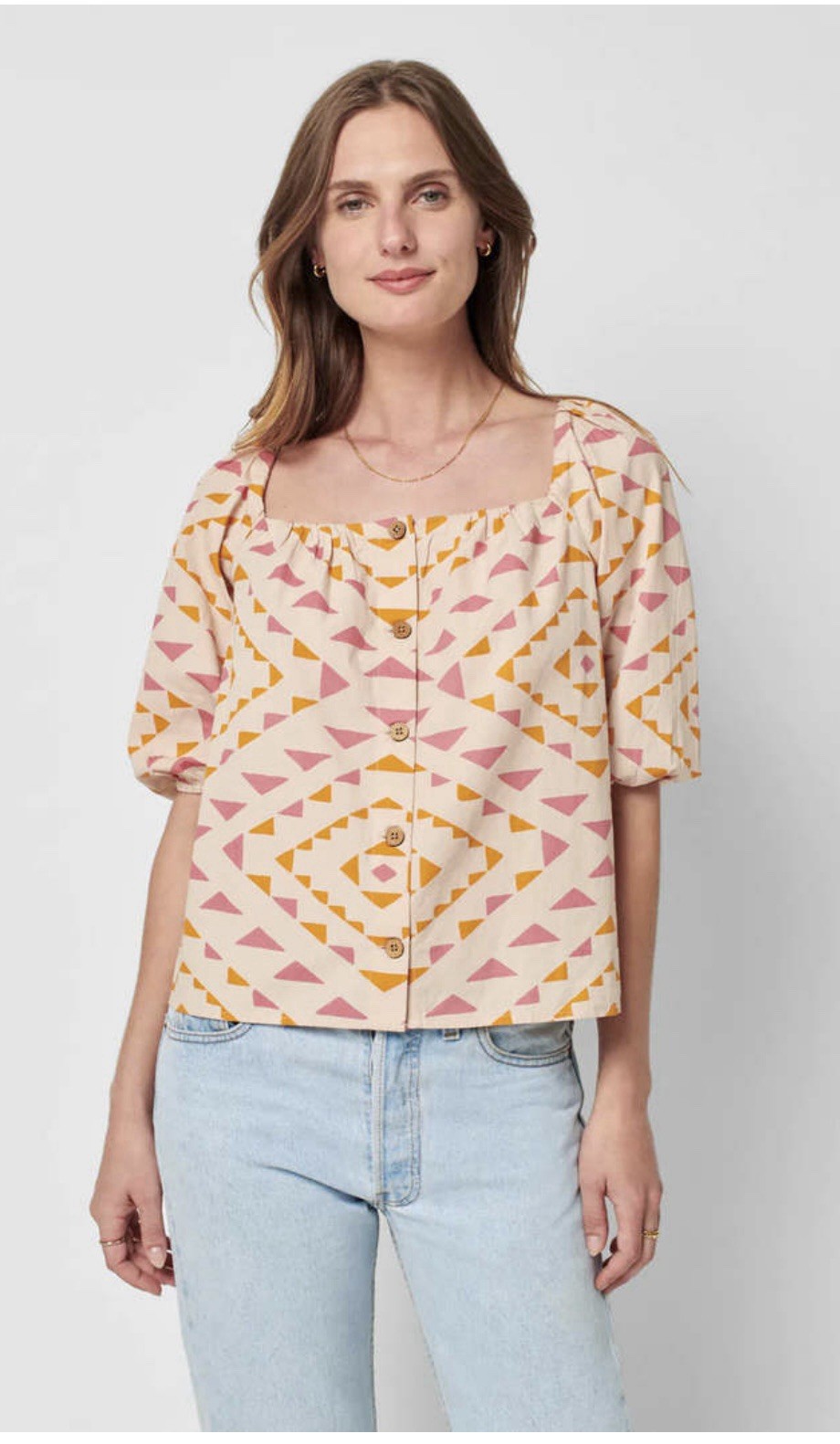 Faherty Byt Sun Road Cali Top Squareneck 3/4 Puff Sleeves Size S Organic Cotton