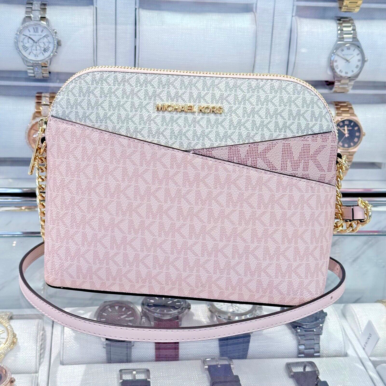 Michael Kors Jet Set Travel MD Dome Crossbody Bag MK Signature Rose Powder Multi