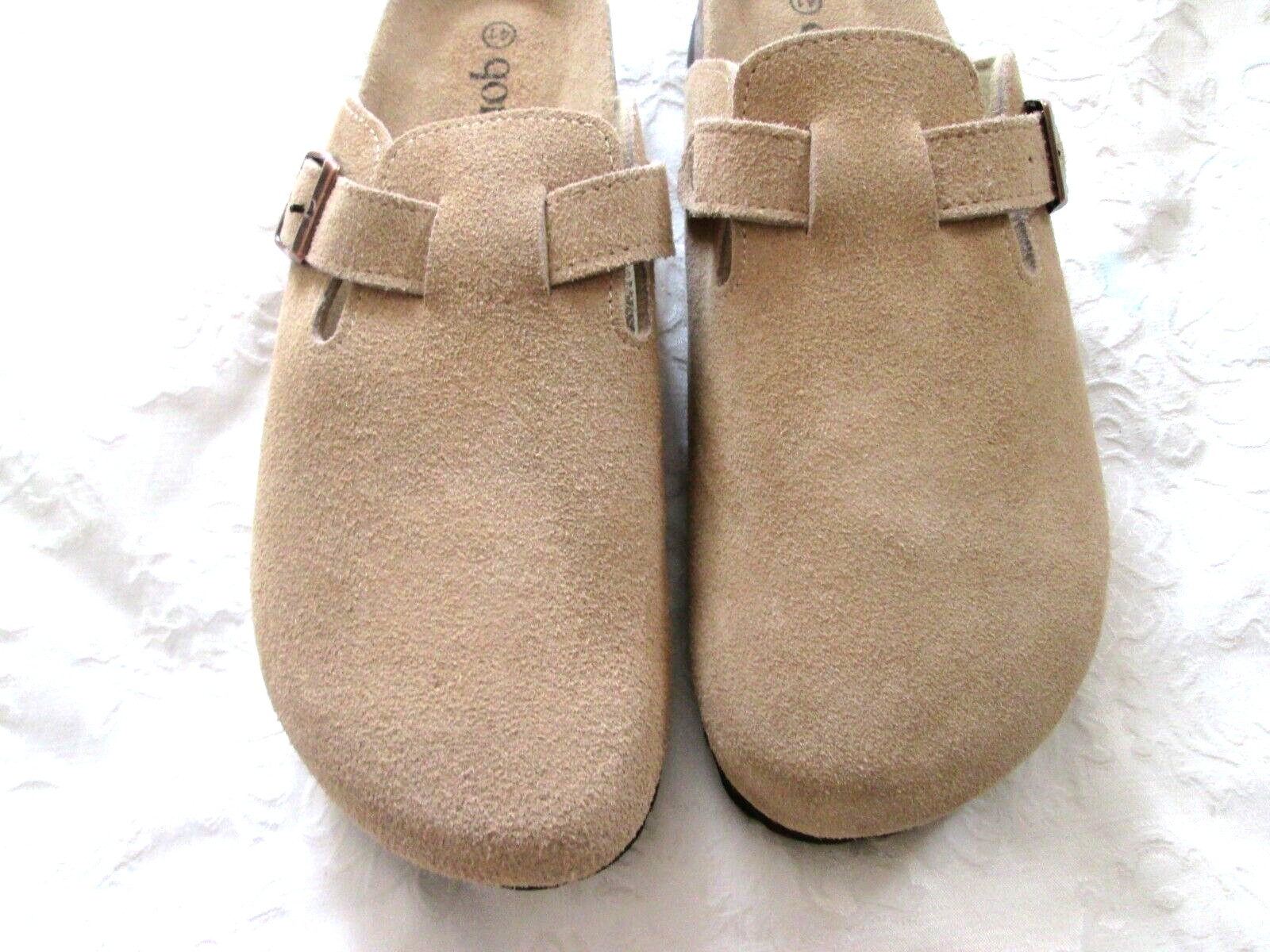 GOMFORT LT TAN/BEIGE SUEDE 41 SLIP-ON CLOGS CORK HEEL BUCKLE UPPER NEW