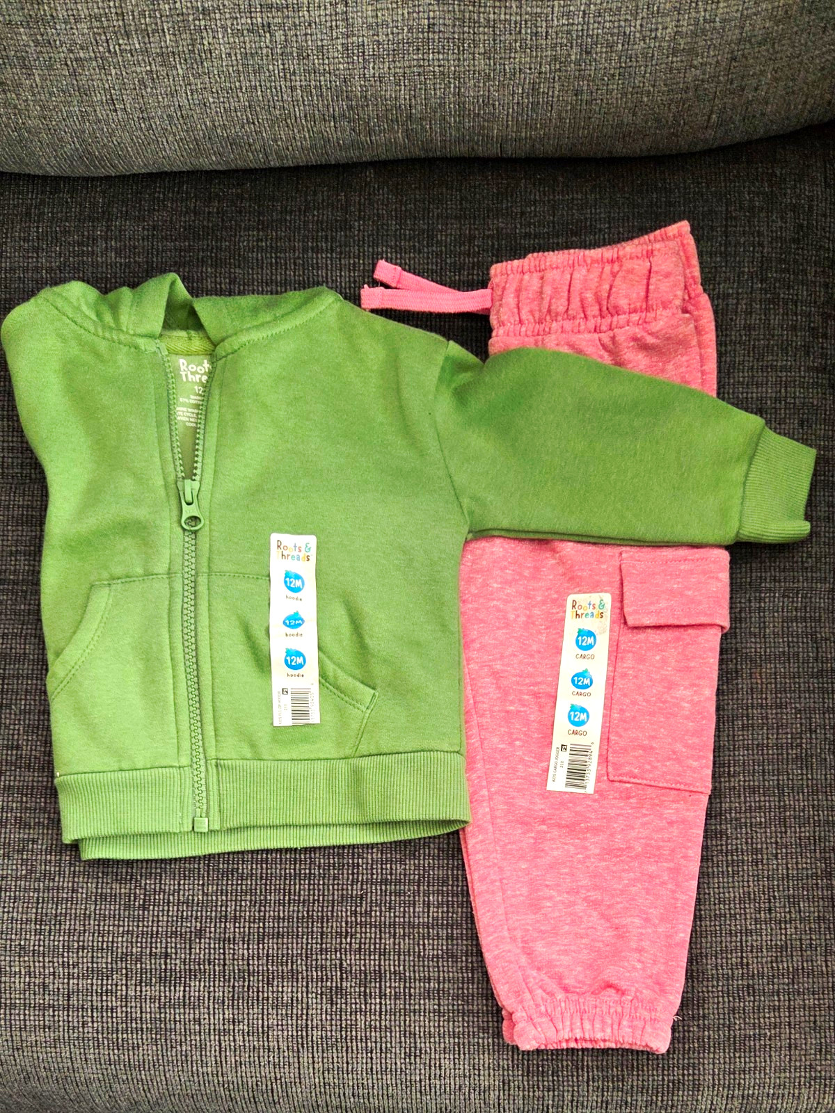 Roots & Threads 2pc 12M Zip Hooded Hoodie & Cargo Jogger Pants Set Green/Pink