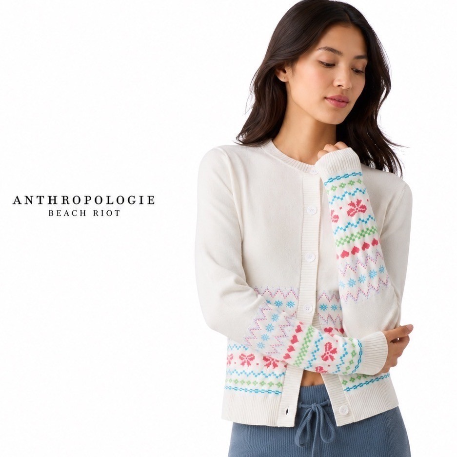 Anthropologie Beach Riot Fair Isle Cardigan Sweater Ivory Pink Blue Knit Medium