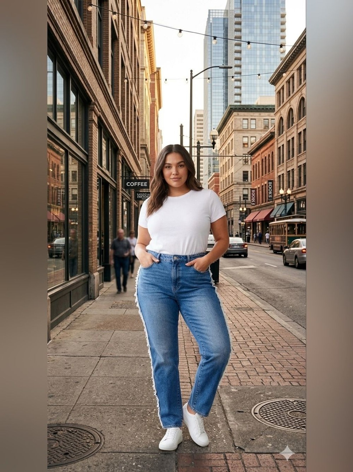 Good American Straight-Leg Jeans in Blue with Side Fray
