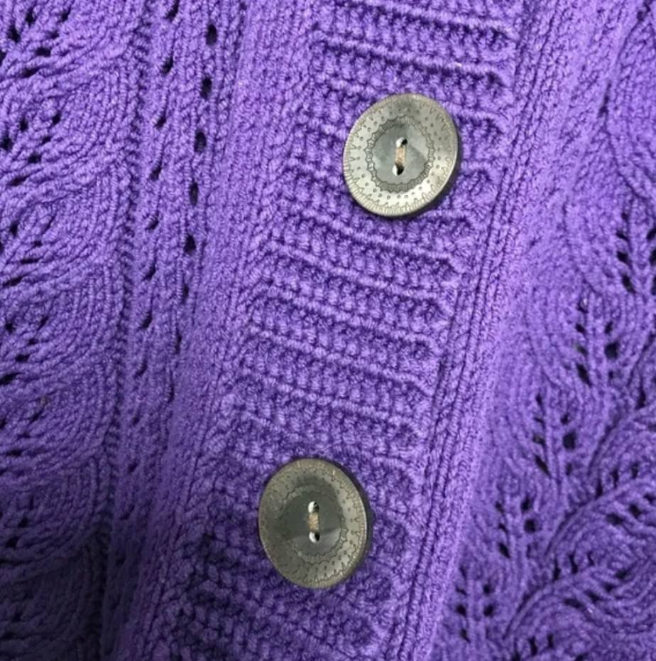 J JILL Cable/Pointelle Knit PURPLE SWEATER CARDIGAN Cotton Blend V-Neck Chunky M