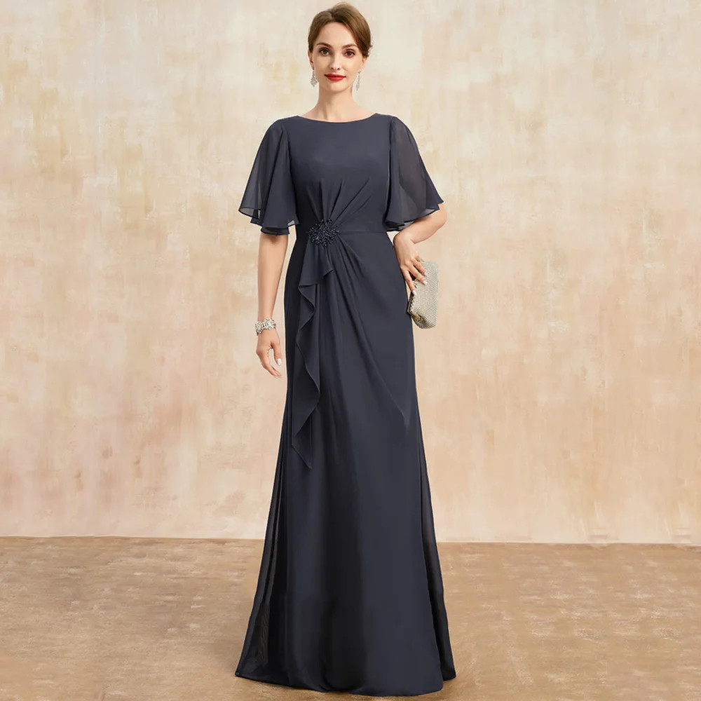 Navy Blue Scoop Mother of Bride Dresses with Chiffon Half Sleeve Wedding