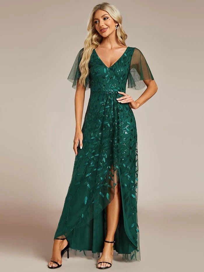 FAB GREEN SEQUIN EMBROIDERY DIP HEM EVENING PARTY OCCASION MAXI DRESS UK 12 14