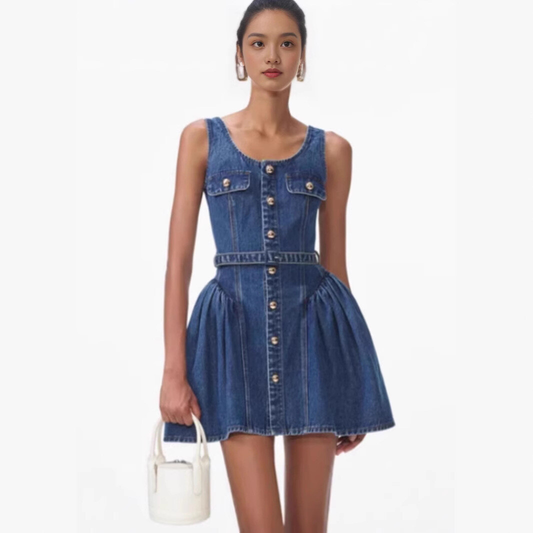 Self-Portrait Womens New Retro Sweet Waist Fluffy Sleeveless Denim Dress