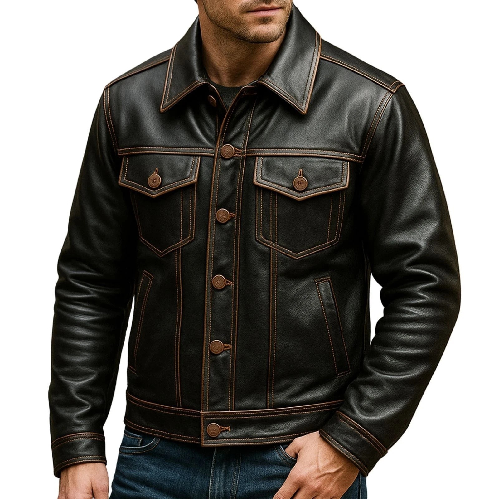 Men’s Genuine Leather Western Trucker Jacket Black Button Front Coat