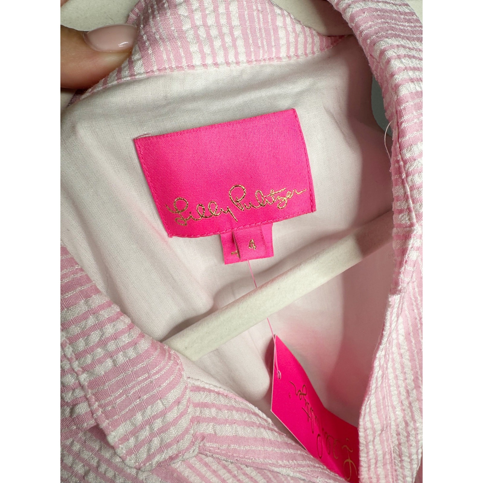Lilly Pulitzer Trisha Shirt Dress Size 4 Pink White Seersucker Belted NWT