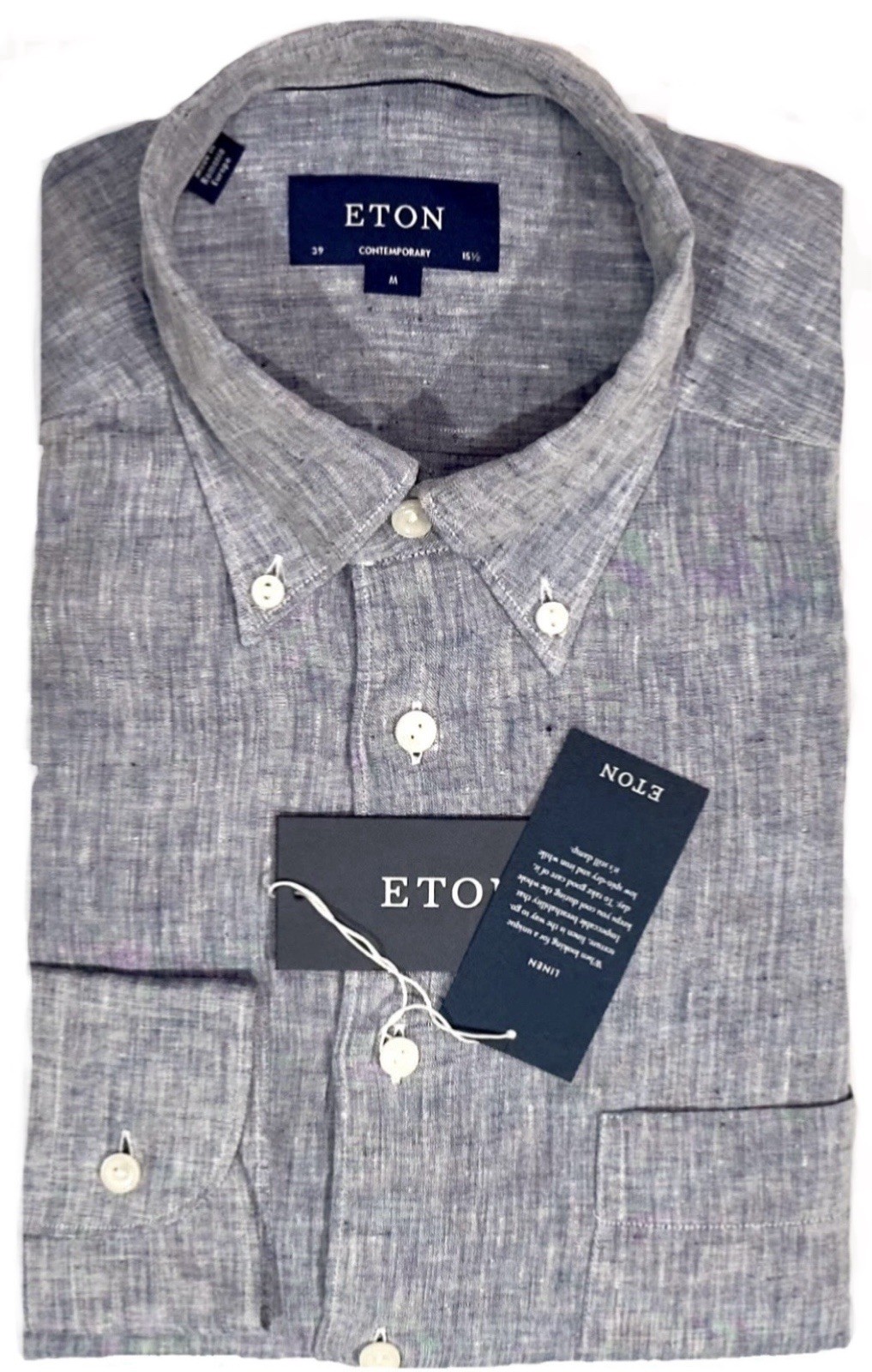 $285 NEW ETON DRESS SHIRT M 15.5 39 LINEN BLUE CHAMBRAY CONTEMPORARY FIT MENS