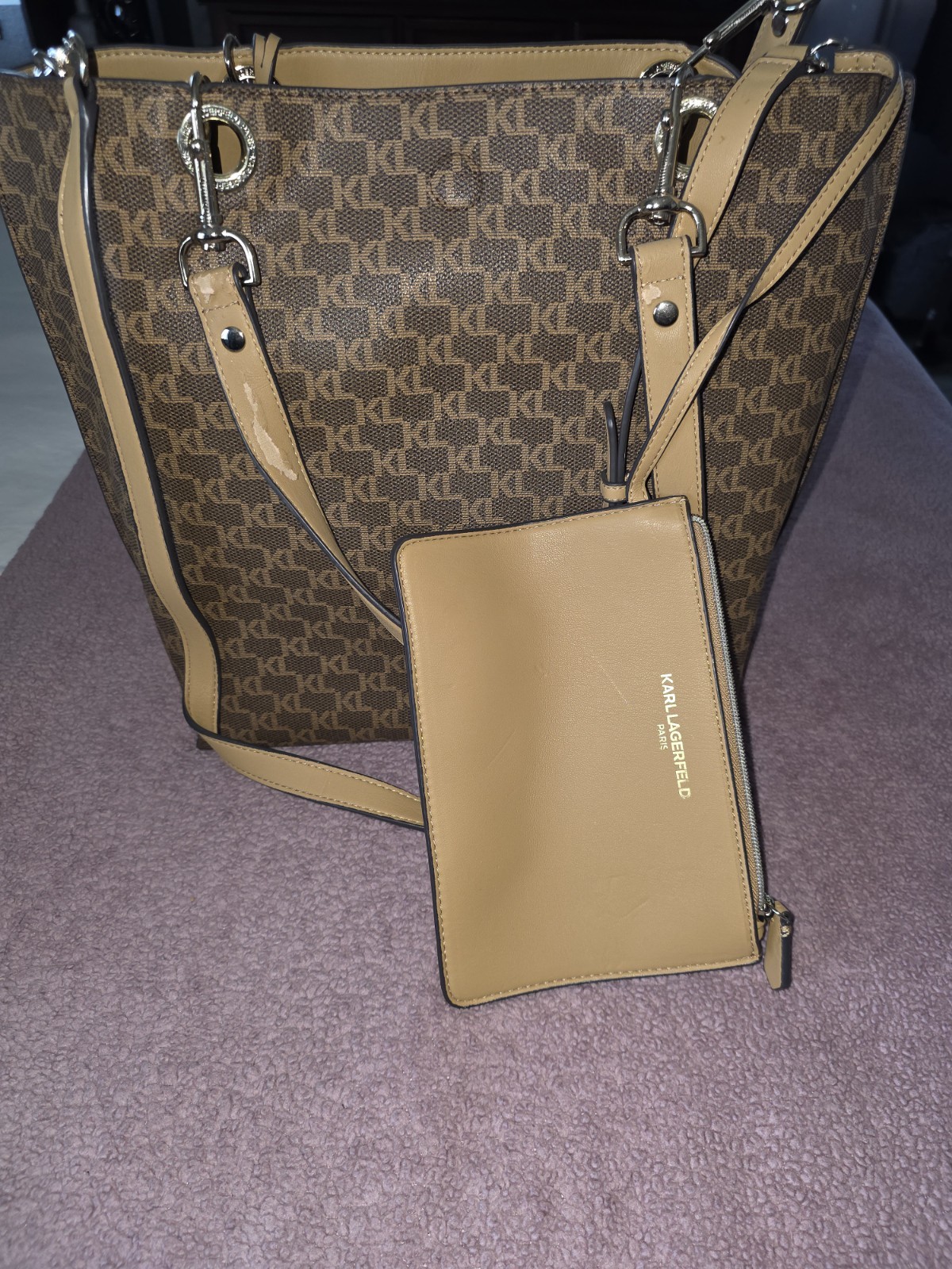Karl Lagerfeld Paris Reversible Tote Bag with Detachable Pouch Beige