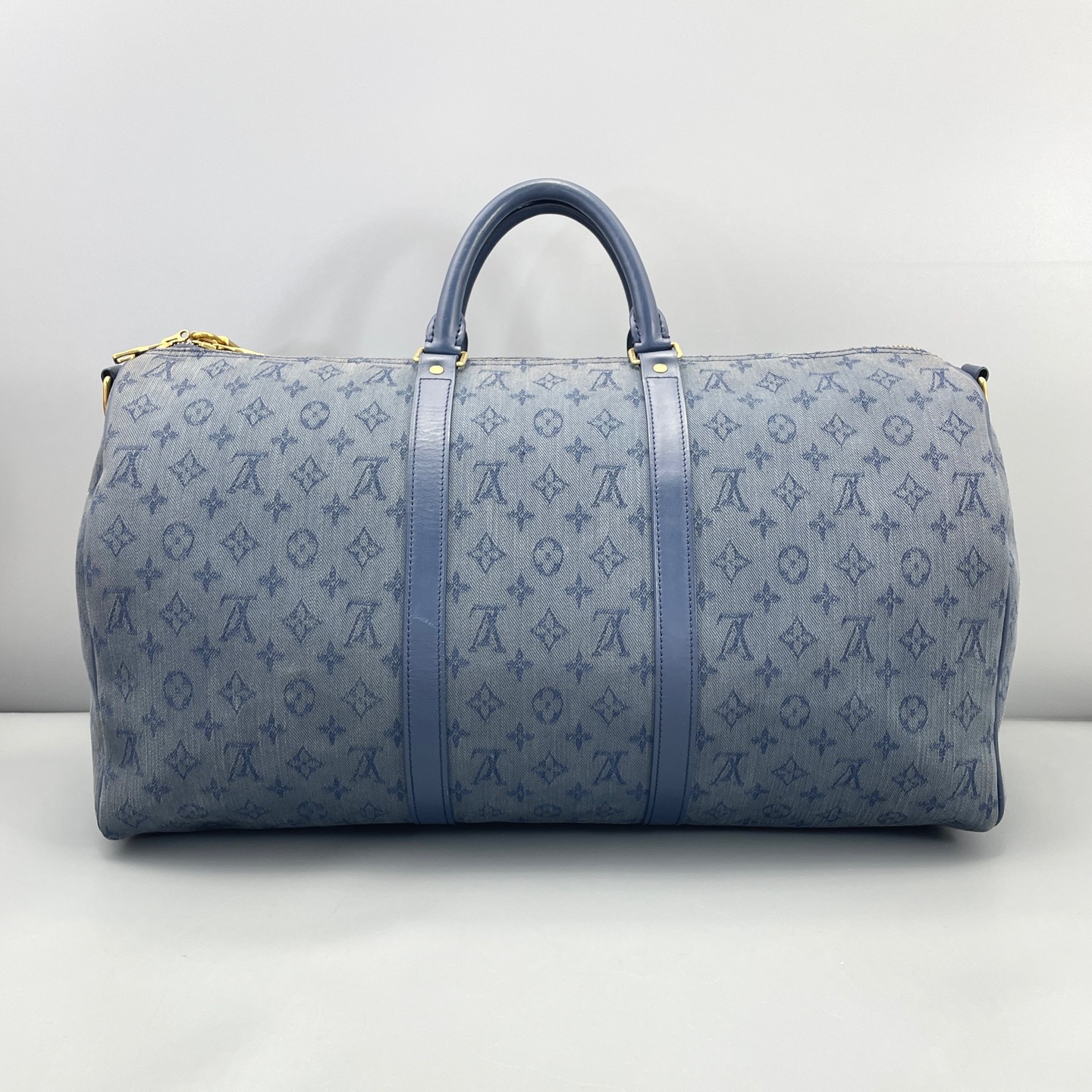 AUTH LOUIS VUITTON LV Keepall 50 Blue Denim Canvas Travel Duffle Bag.