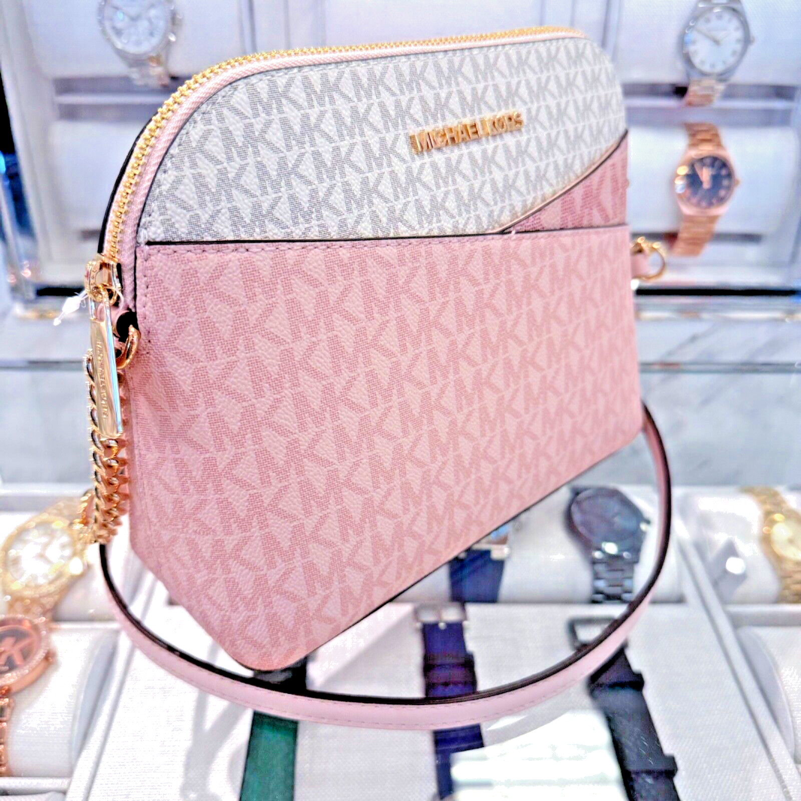 Michael Kors Jet Set Travel MD Dome Crossbody Bag MK Signature Rose Powder Multi