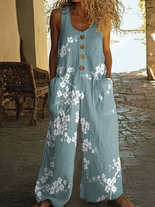 Women Sleeveless Wide Leg Jumpsuit Floral Print Loose Pocket Long Overall Romper
