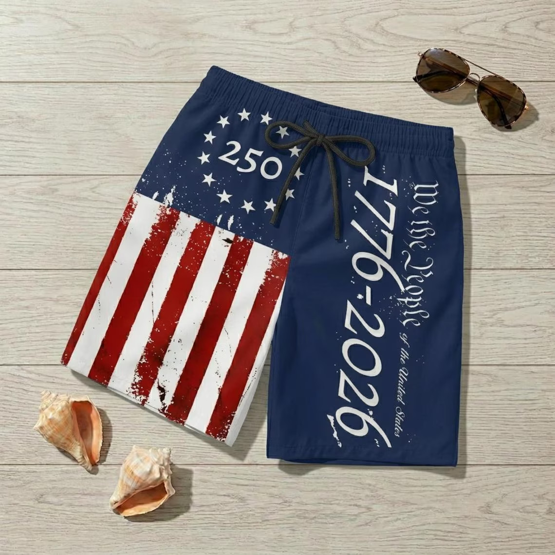 USA Flag Bikini & Hawaiian Shorts Set, Stars Stripes 4th of July Beachwear