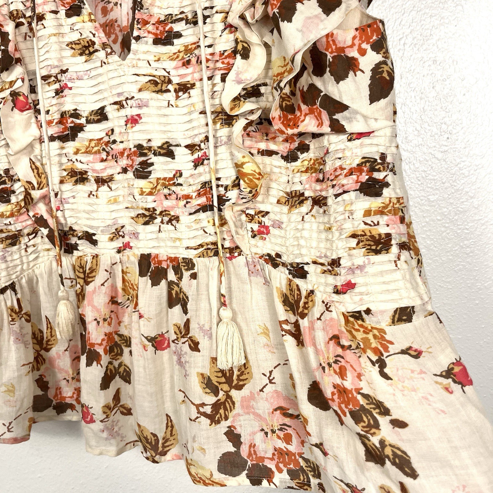 Sea New York Large Floral Ruffled Cap Sleeve Pleated Tasseled Esme Blouse Top