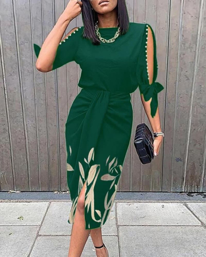 Women’s High Waist Casual Hollow Out Printed Sleeve Medium Length Dress