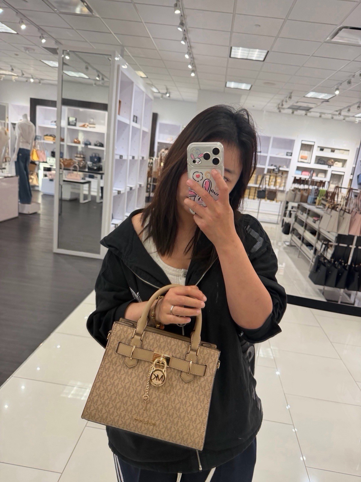 Michael Kors Small Brown Beige Monogram Top Handle Satchel Gold Hardware Lock