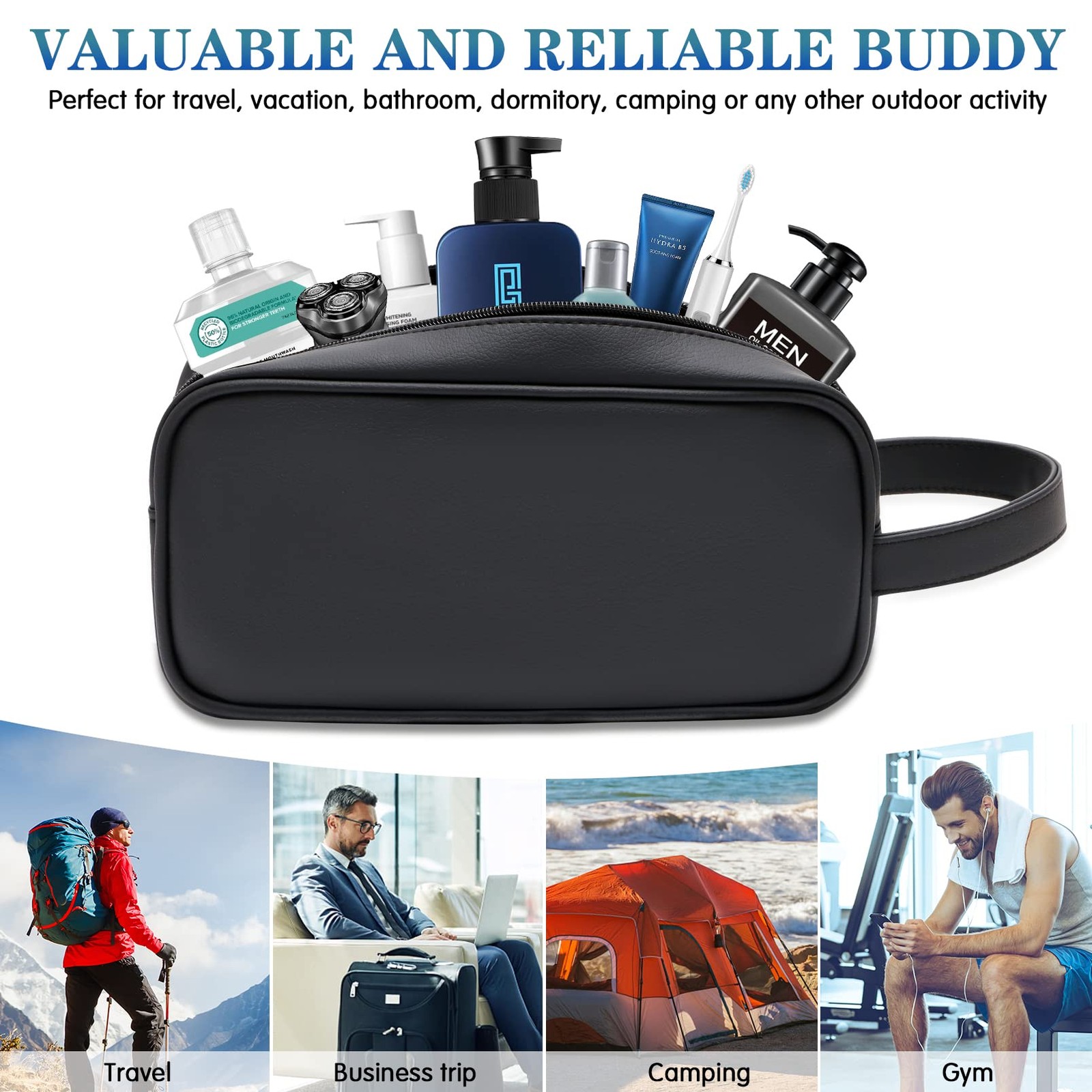 HappyDavid Soft PU Leather Zipped Travel Toiletry Bag Mens Ladies Supply